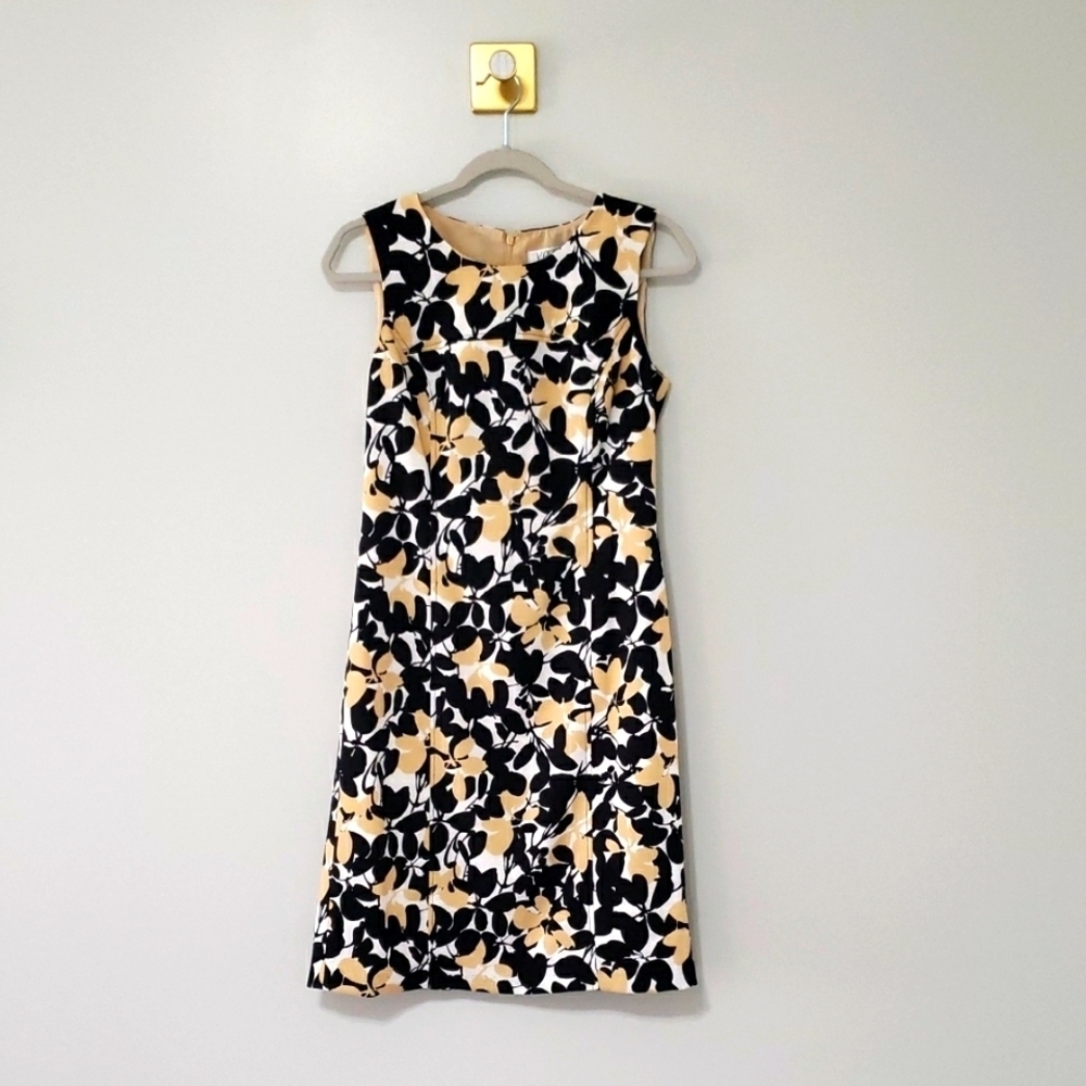 Kasper Floral Sheath Dress 4 Black White Tan Sleeveless Wedding Office Career